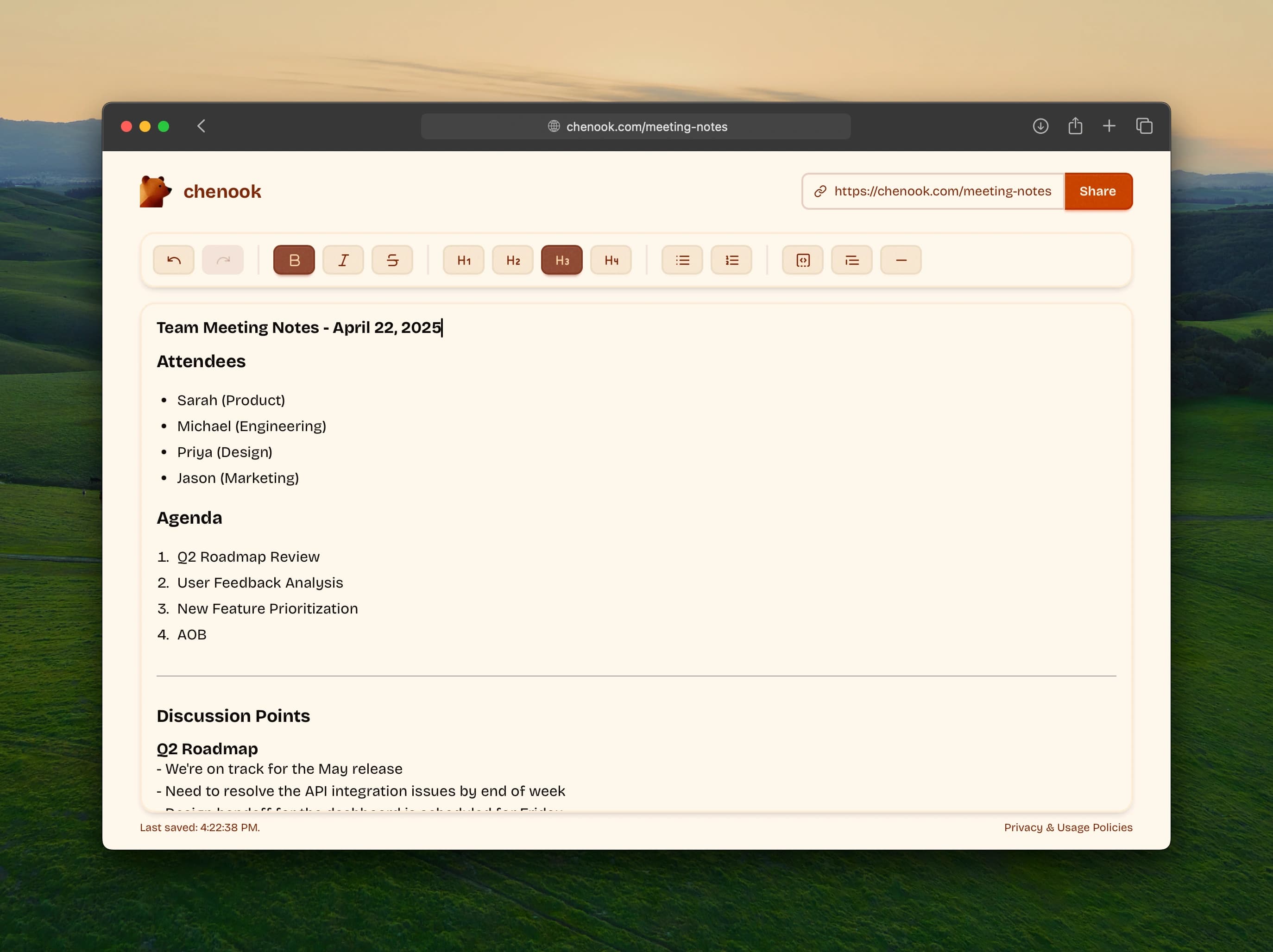 Screenshot of chenook meeting notes editor